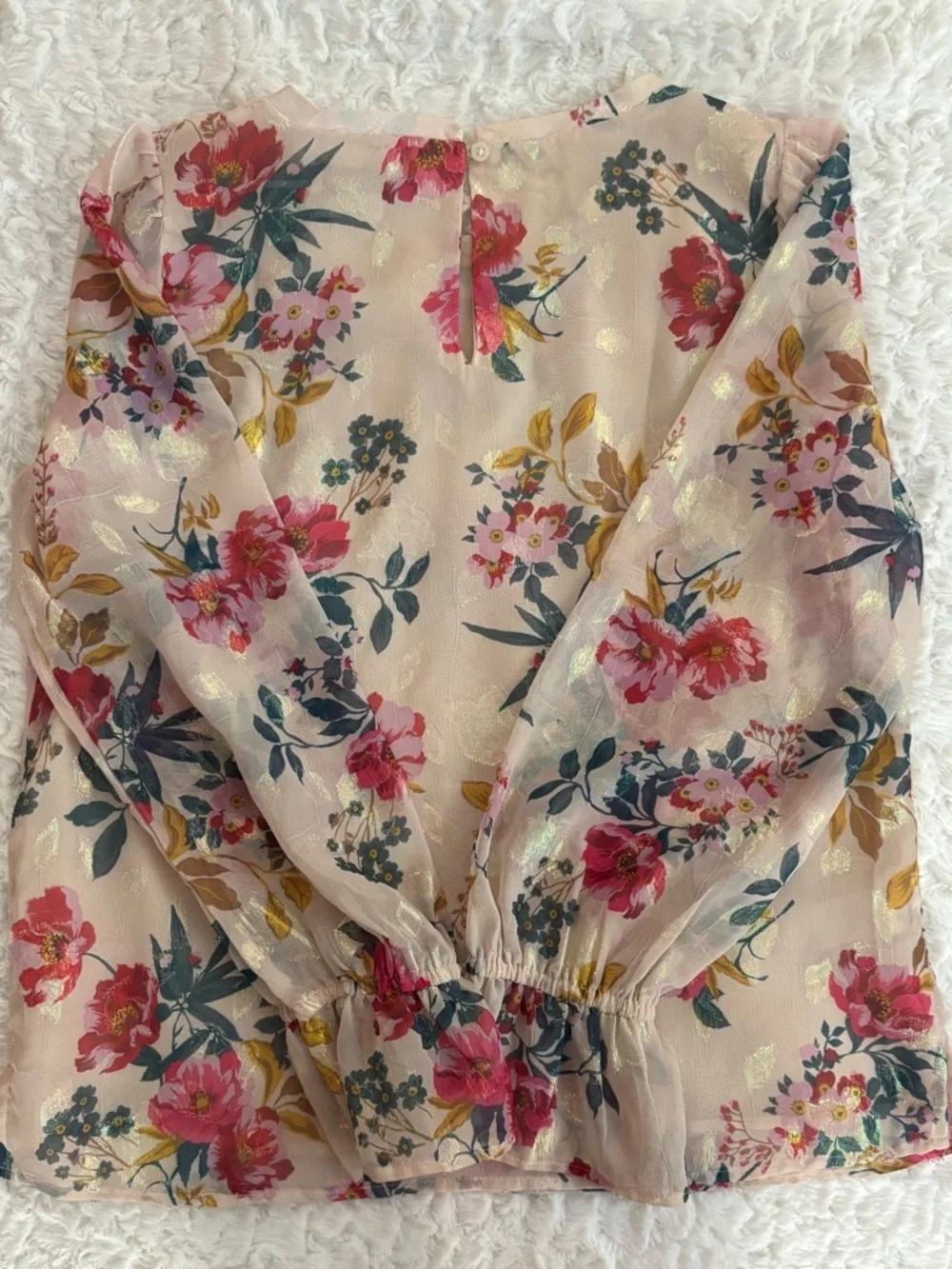 LOFT Cream Sheer Floral Blouse with Pink & Gold Accents